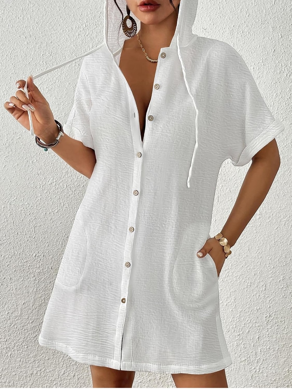 Bsubseach Womens Swimsuit Cover Up Shirt Hooded Beach Dress with Pockets